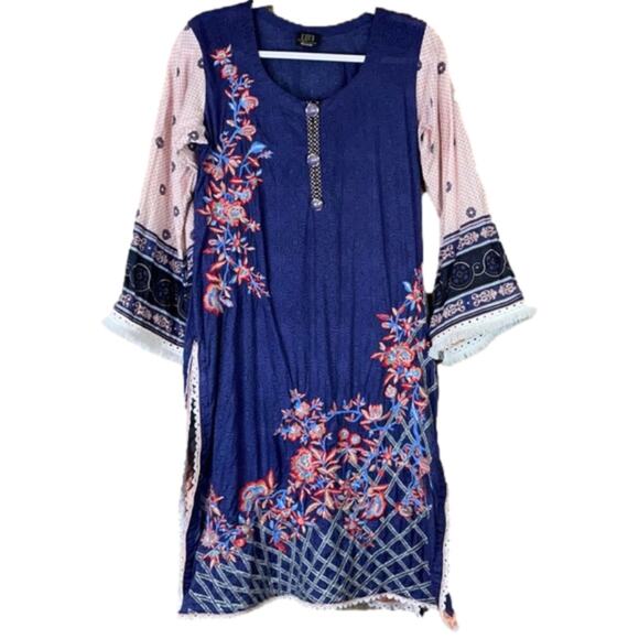 ZC Zara Collection Pakistani Tunic Dress Blue Pink Fringe Size Medium - Picture 1 of 11